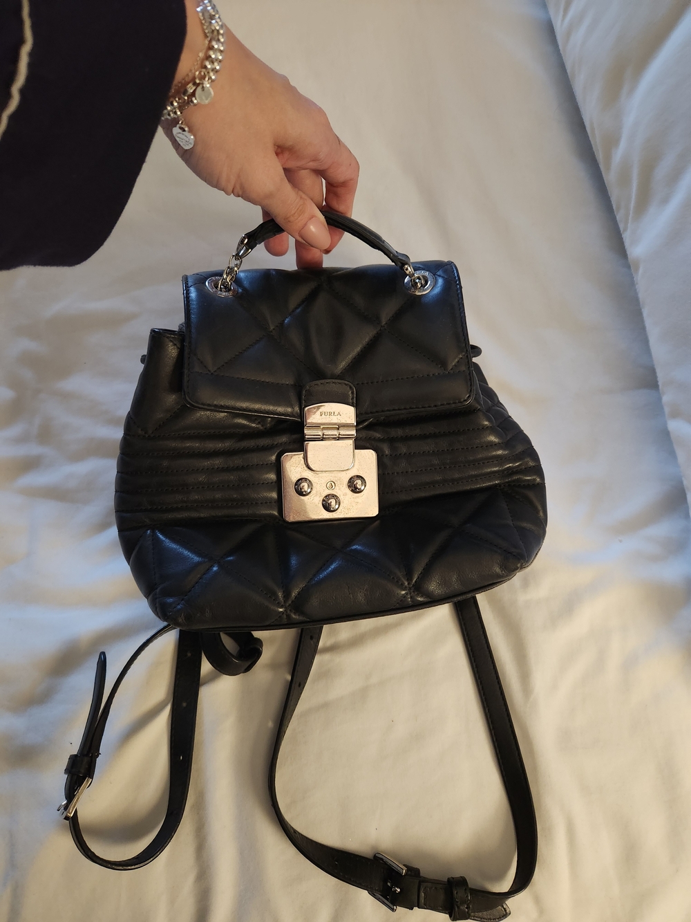 Furla Black Quilted Leather Backpack Purse